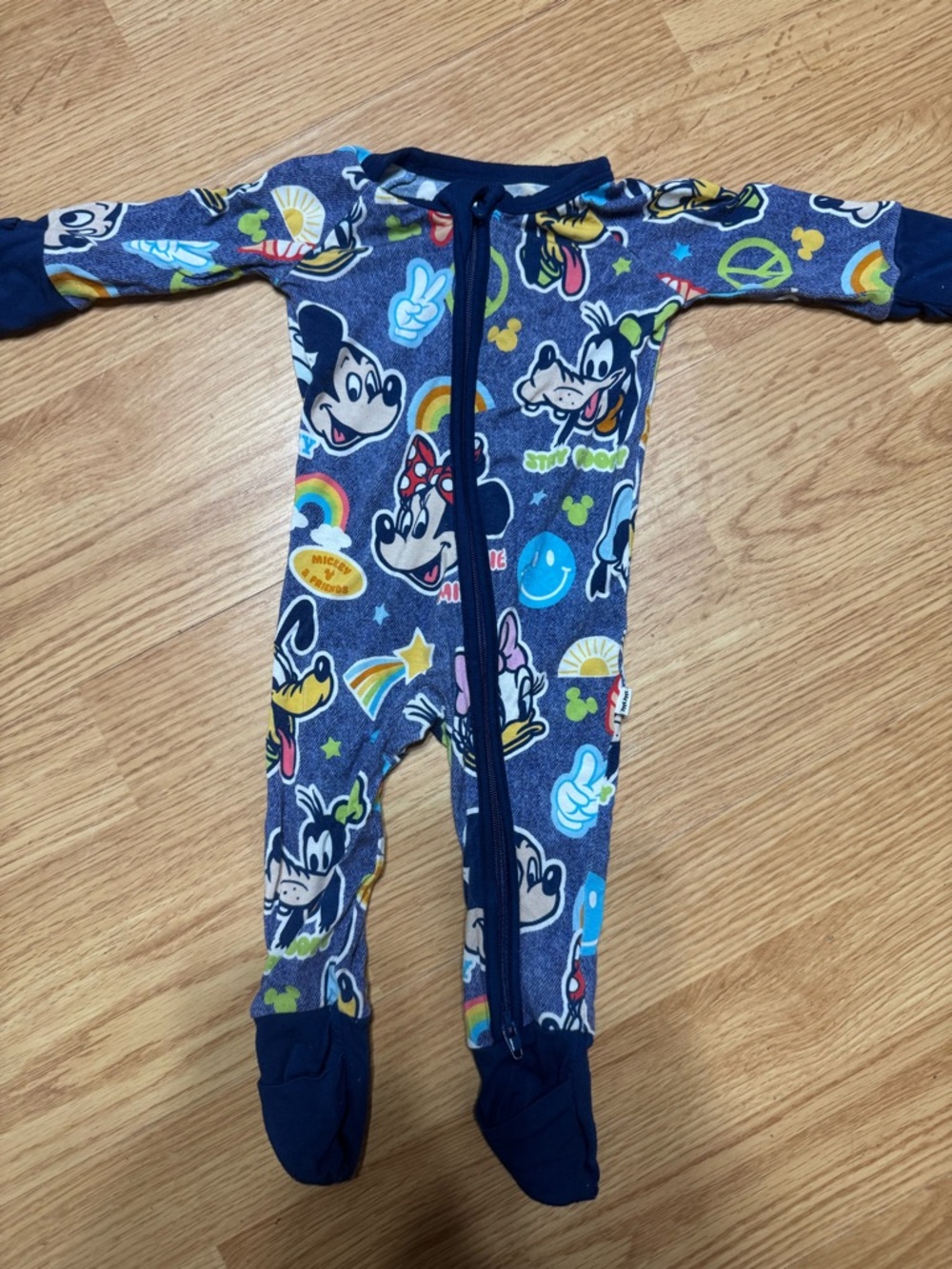Little Sleepies Navy Blue Mickey & Friends Footed Pajamas with Multicolor Icons